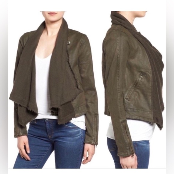 Free People Jackets & Blazers - Free People Olive Green Drape Knit Coated Denim Moto Boho Fall Jacket Size 2